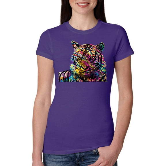 Wild Bobby, Colorful Rainbow Siberian Tiger Animal Lover Women Slim Fit Junior Tee, Purple Rush, Large