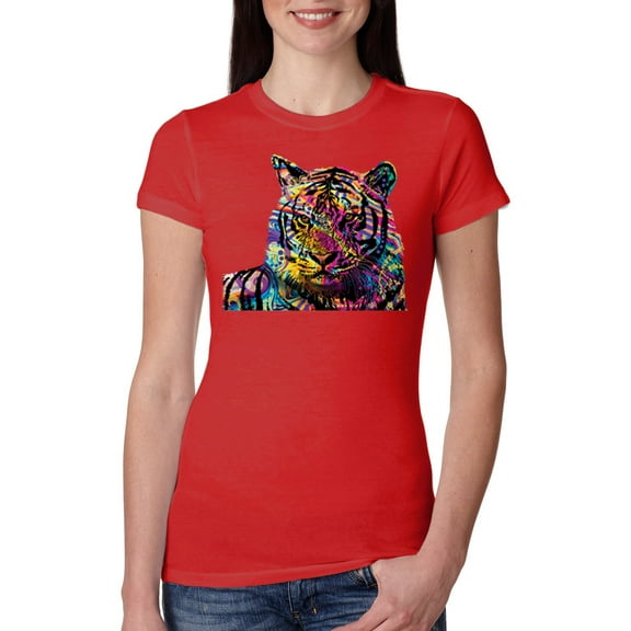 Wild Bobby Colorful Rainbow Siberian Tiger Animal Lover Women Slim Fit Junior Tee, Red, XX-Large