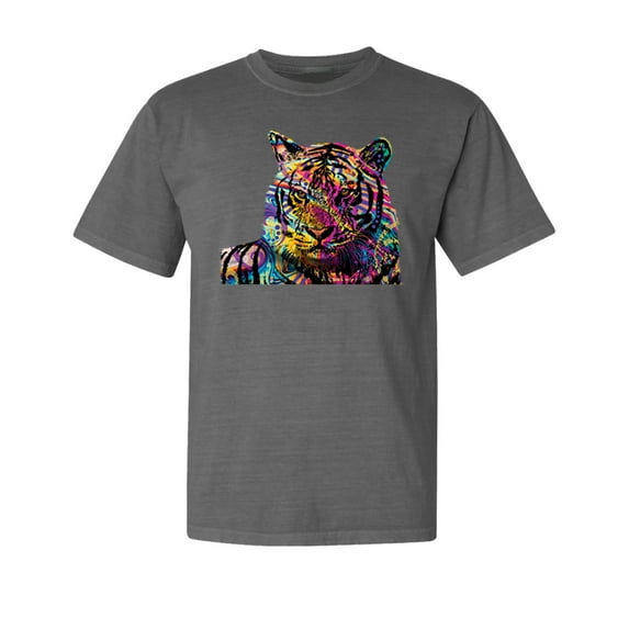 Wild Bobby,Colorful Rainbow Tiger Animal Lover Garment-Dyed Washed Look Short Sleeve Tees, Charcoal, Large