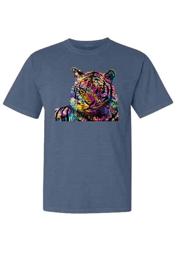 ,Colorful Rainbow Tiger Animal Lover Garment-Dyed Washed Look Short Sleeve Tees, Navy, Medium
