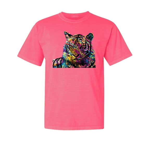 Wild Bobby,Colorful Rainbow Tiger Animal Lover Garment-Dyed Washed Look Short Sleeve Tees, Neon Pink, Medium