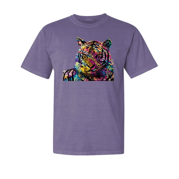Wild Bobby,Colorful Rainbow Tiger Animal Lover Garment-Dyed Washed Look Short Sleeve Tees, Purple, 2XL