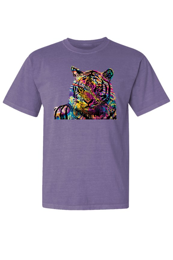 ,Colorful Rainbow Tiger Animal Lover Garment-Dyed Washed Look Short Sleeve Tees, Purple, Medium