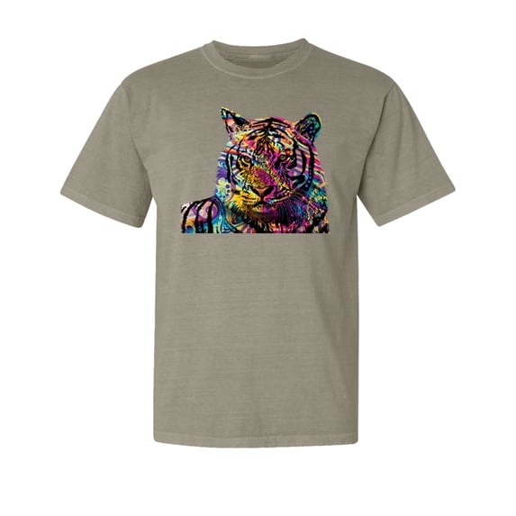 Wild Bobby,Colorful Rainbow Tiger Animal Lover Garment-Dyed Washed Look Short Sleeve Tees, Sand, Medium