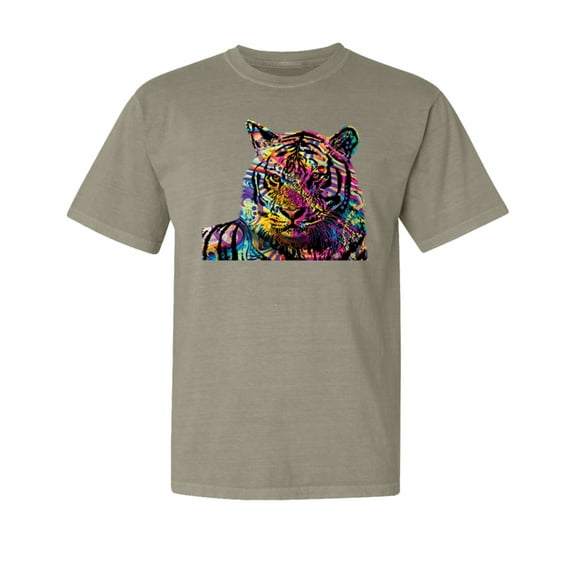 Wild Bobby,Colorful Rainbow Tiger Animal Lover Garment-Dyed Washed Look Short Sleeve Tees, Sand, Medium