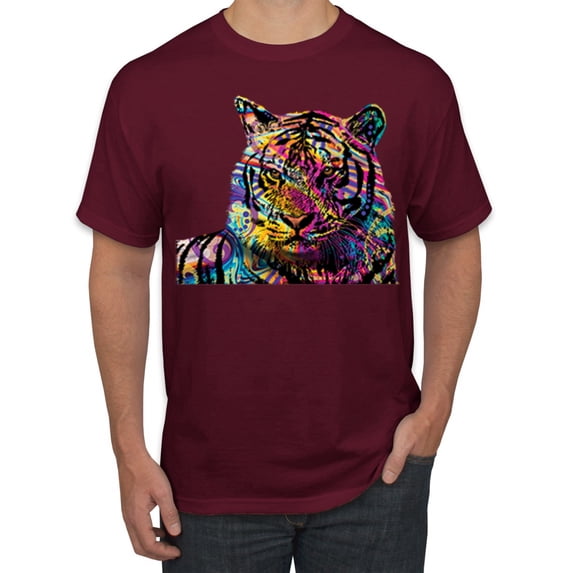 Wild Bobby, Colorful Rainbow Tiger Animal Lover Men's Graphic T-Shirt, Maroon, Medium