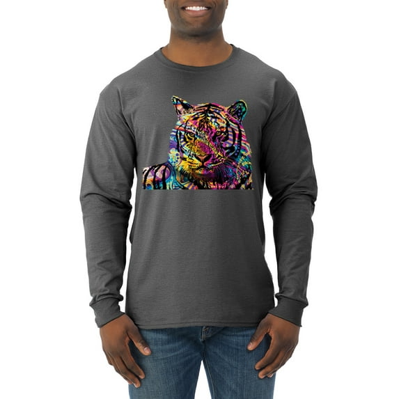 Wild Bobby, Colorful Rainbow Tiger Animal Lover Mens Long Sleeve Shirt, Heather Black, Large