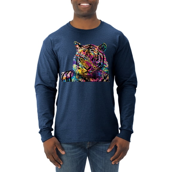 Colorful Rainbow Tiger Animal Lover Mens Long Sleeve Shirt, Vintage Heather Navy, Small