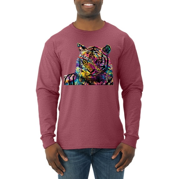 Wild Bobby, Colorful Rainbow Tiger Animal Lover Mens Long Sleeve Shirt, Vintage Heather Red, 2XL