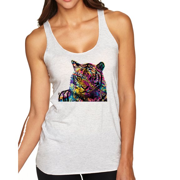 Wild Bobby, Colorful Rainbow Tiger Animal Lover Tri-Blend Racerback Tank Top, Heather White, Large
