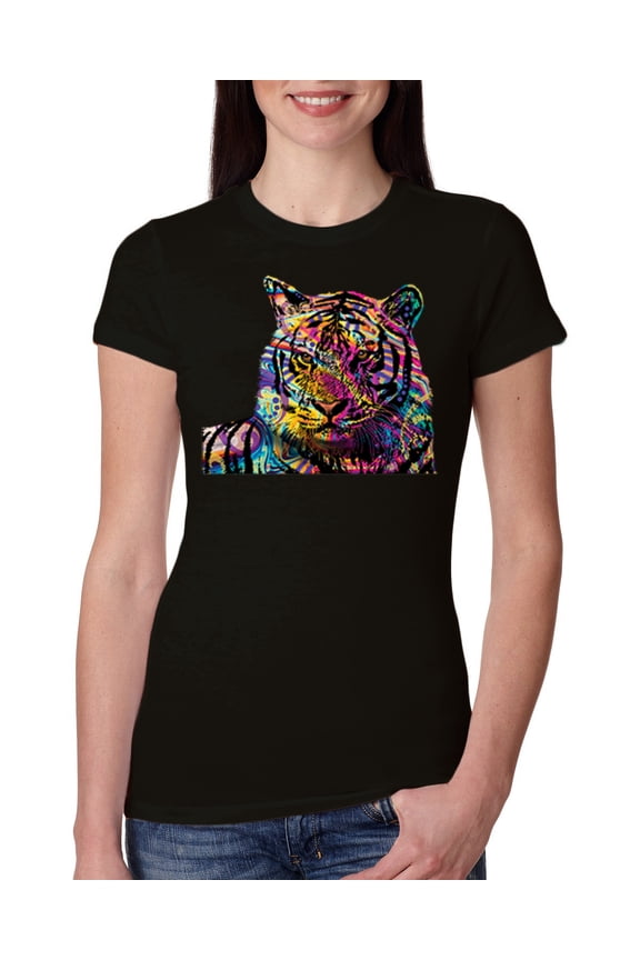 , Colorful Rainbow Tiger Animal Lover Womens Slim Fit Junior Tee, Black, Small