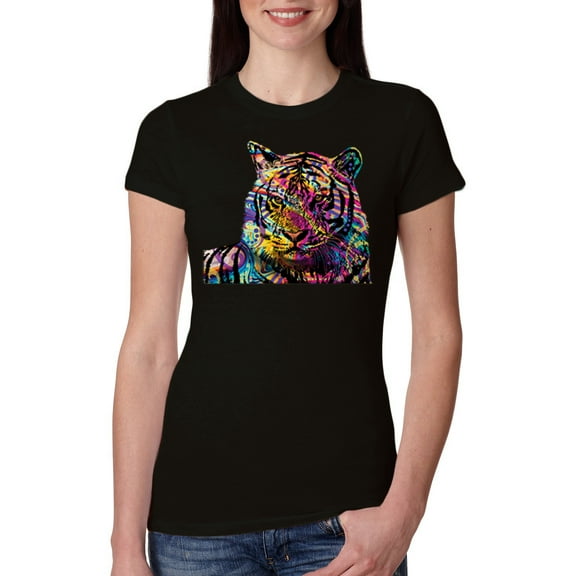 Wild Bobby, Colorful Rainbow Tiger Animal Lover Womens Slim Fit Junior Tee, Black, Small