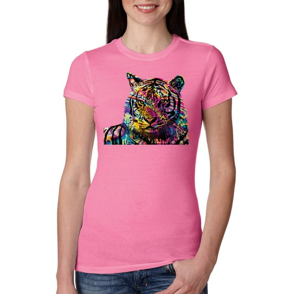 Wild Bobby, Colorful Rainbow Tiger Animal Lover Womens Slim Fit Junior Tee, Hot Pink, Small