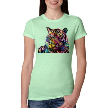 Wild Bobby, Colorful Rainbow Tiger Animal Lover Womens Slim Fit Junior Tee, Mint, Large
