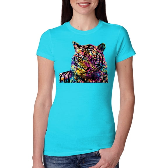 Wild Bobby, Colorful Rainbow Tiger Animal Lover Womens Slim Fit Junior Tee, Tahiti Blue, 2XL
