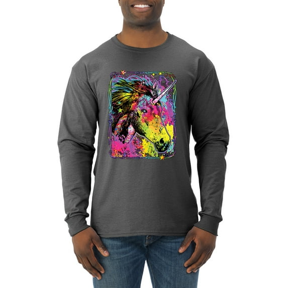 Wild Bobby, Colorful Rainbow Unicorn Animal Lover Mens Long Sleeve Shirt, Heather Black, X-Large