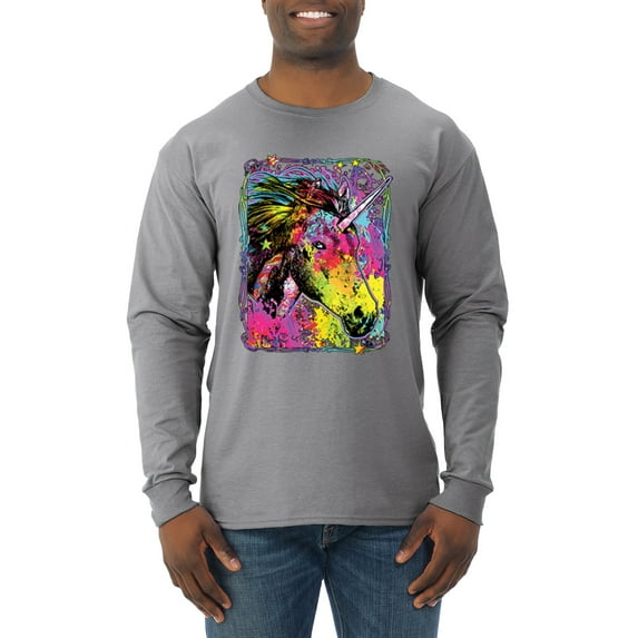 Wild Bobby, Colorful Rainbow Unicorn Animal Lover Mens Long Sleeve Shirt, Heather Grey, Medium