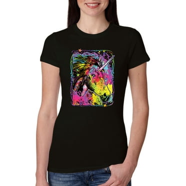Wild Bobby, Colorful Rainbow Unicorn Animal Lover Womens Slim Fit Junior Tee, Black, Small
