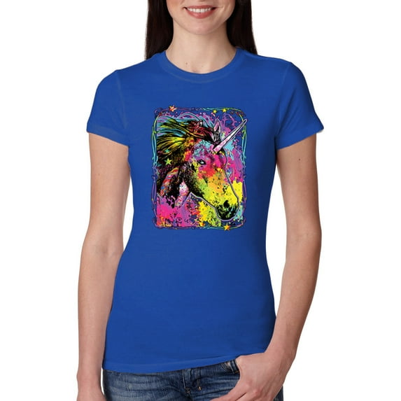 Wild Bobby, Colorful Rainbow Unicorn Animal Lover Womens Slim Fit Junior Tee, Royal, 2XL