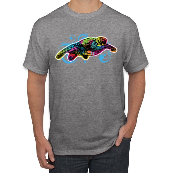 Wild Bobby, Colorful Sea Turtle Swimming Animal Lover Men's Graphic T-Shirt, Heather Grey, X-Large