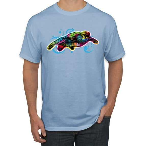 Wild Bobby, Colorful Sea Turtle Swimming Animal Lover Men's Graphic T-Shirt, Light Blue, 5XL