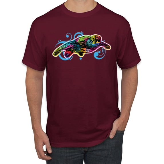 Wild Bobby, Colorful Sea Turtle Swimming Animal Lover Men's Graphic T-Shirt, Maroon, 4XL