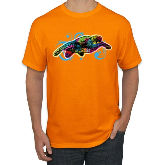 Wild Bobby, Colorful Sea Turtle Swimming Animal Lover Men's Graphic T-Shirt, Orange, 3XL