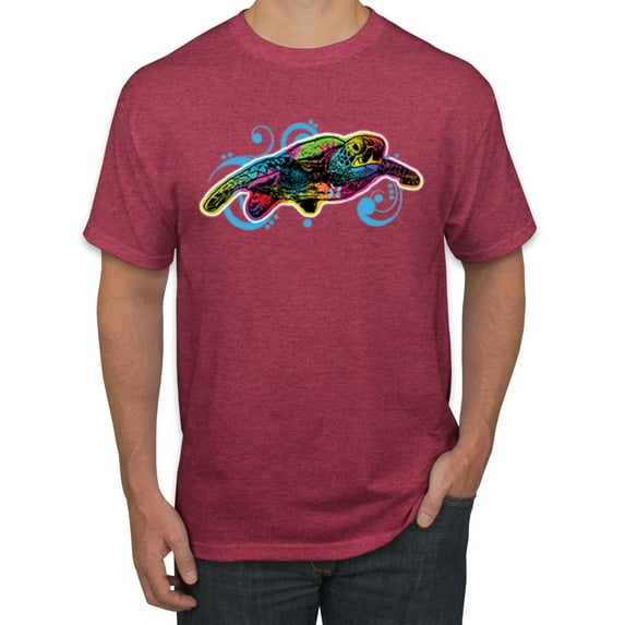Wild Bobby, Colorful Sea Turtle Swimming Animal Lover Men's Graphic T-Shirt, Vintage Heather Red, Large