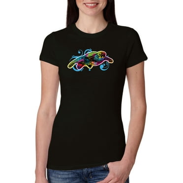 Wild Bobby, Colorful Sea Turtle Swimming Animal Lover Womens Slim Fit Junior Tee, Black, Small