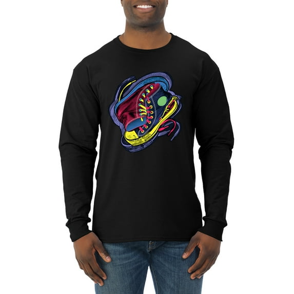 Wild Bobby, Colorful Sneakers Chucks Streetwear Mens Long Sleeve Shirt, Black, Small