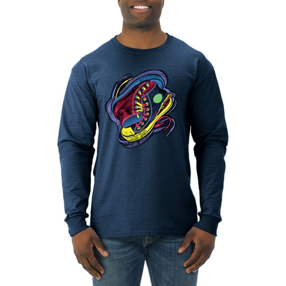 Wild Bobby, Colorful Sneakers Chucks Streetwear Mens Long Sleeve Shirt, Vintage Heather Navy, X-Large