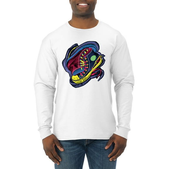 Wild Bobby, Colorful Sneakers Chucks Streetwear Mens Long Sleeve Shirt, White, Large
