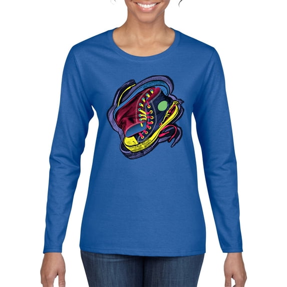 Wild Bobby, Colorful Sneakers Chucks Streetwear Womens Graphic Long Sleeve T-Shirt, Royal, 2XL