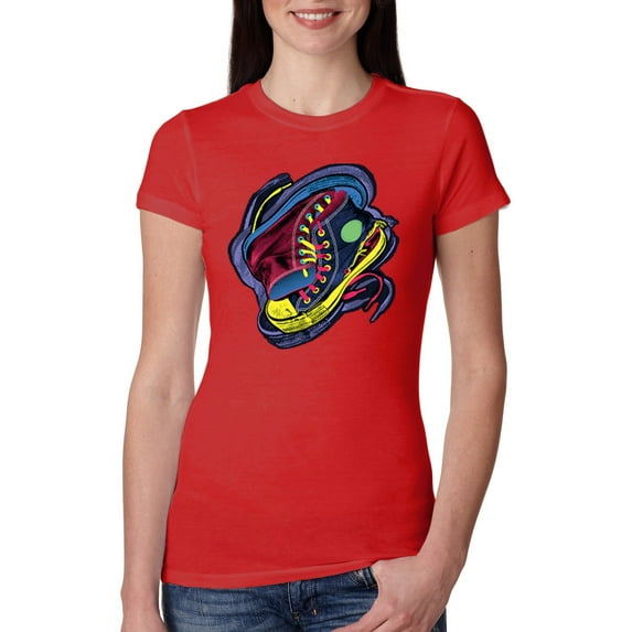 Wild Bobby, Colorful Sneakers Chucks Streetwear Womens Slim Fit Junior Tee, Red, Small