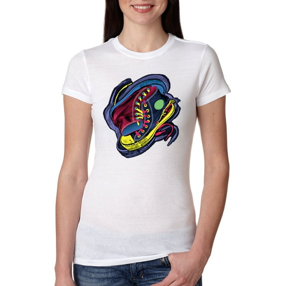 Wild Bobby, Colorful Sneakers Chucks Streetwear Womens Slim Fit Junior Tee, White, Small