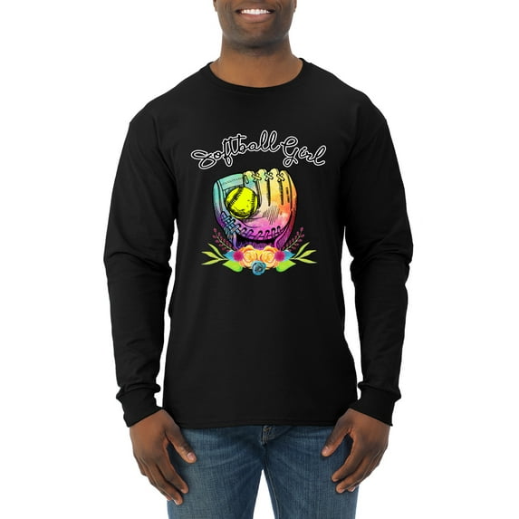 Wild Bobby, Colorful Softball Girl, Sports, Men Long Sleeve Shirt, Black, X-Large