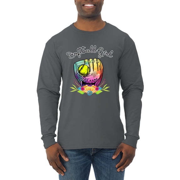Wild Bobby, Colorful Softball Girl, Sports, Men Long Sleeve Shirt, Charcoal, X-Large