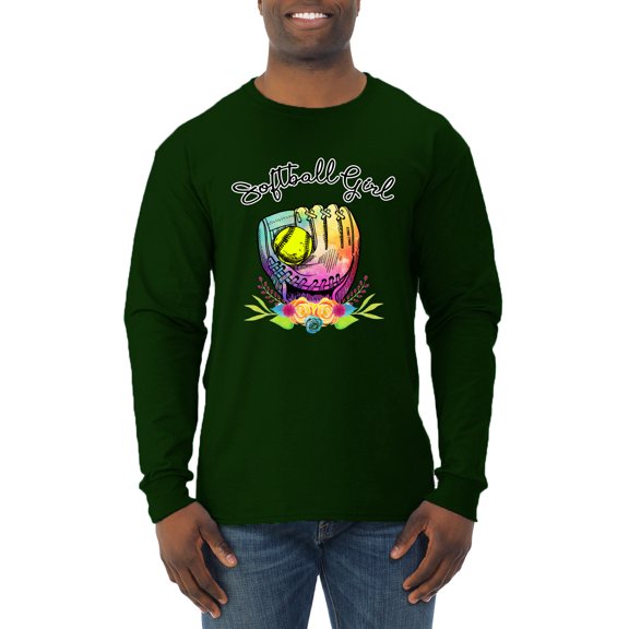Wild Bobby, Colorful Softball Girl, Sports, Men Long Sleeve Shirt, Forest Green, XX-Large