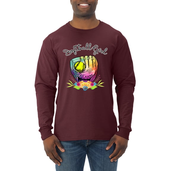 Wild Bobby, Colorful Softball Girl, Sports, Men Long Sleeve Shirt, Maroon, Medium
