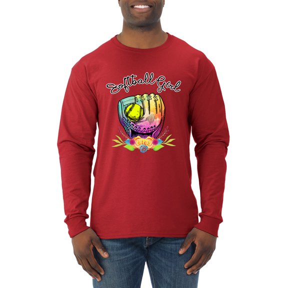 Wild Bobby, Colorful Softball Girl, Sports, Men Long Sleeve Shirt, Red, Medium