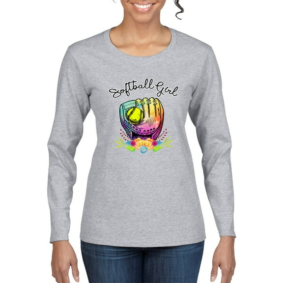 Wild Bobby, Colorful Softball Girl, Sports, Women Graphic Long Sleeve Tee, Heather Grey, X-Large