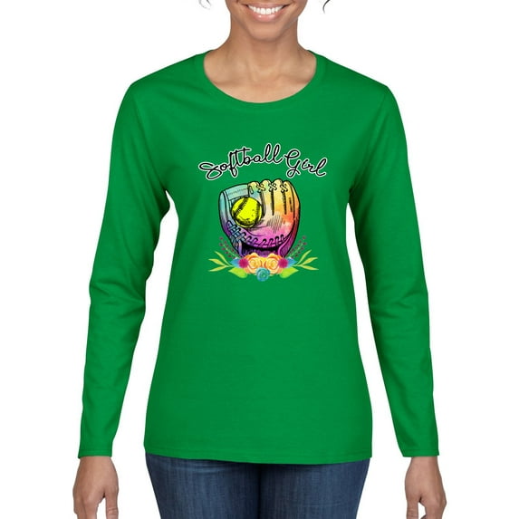 Wild Bobby, Colorful Softball Girl, Sports, Women Graphic Long Sleeve Tee, Kelly, Large