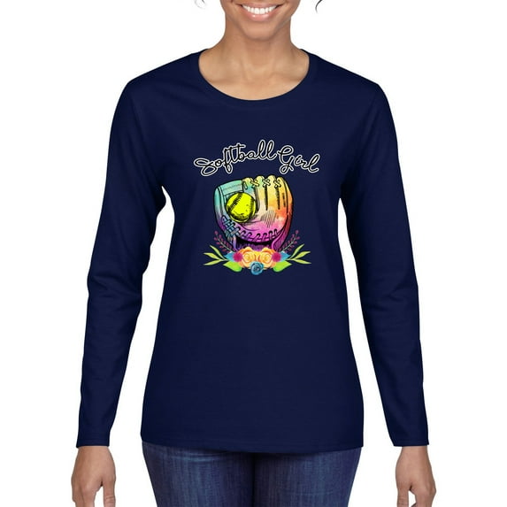 Wild Bobby, Colorful Softball Girl, Sports, Women Graphic Long Sleeve Tee, Navy, XX-Large