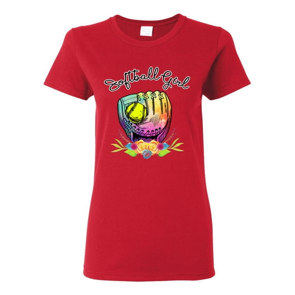 Wild Bobby, Colorful Softball Girl, Sports, Women Graphic Tee, Red, Small