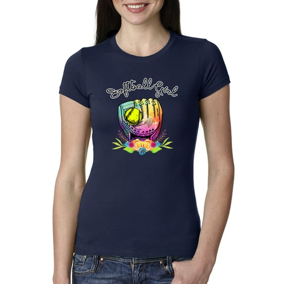 Wild Bobby, Colorful Softball Girl, Sports, Women Slim Fit Junior Tee, Navy, Small