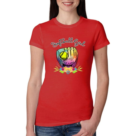 Wild Bobby, Colorful Softball Girl, Sports, Women Slim Fit Junior Tee, Red, XX-Large