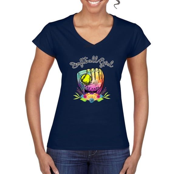 Wild Bobby, Colorful Softball Girl, Sports, Women Standard V-Neck Tee, Navy, XX-Large