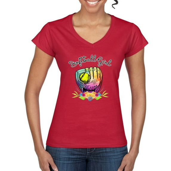 Wild Bobby, Colorful Softball Girl, Sports, Women Standard V-Neck Tee, Red, X-Large