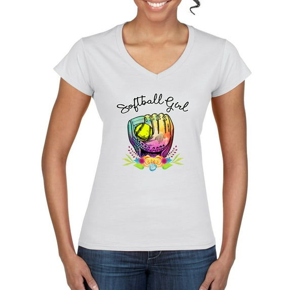 Wild Bobby, Colorful Softball Girl, Sports, Women Standard V-Neck Tee, White, Large