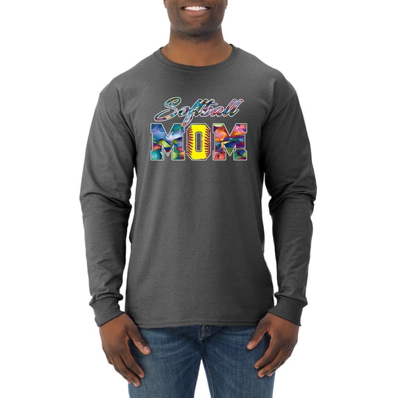 Wild Bobby, Colorful Softball Mom, Mother's Day, Men Long Sleeve Shirt, Heather Black, 2XL